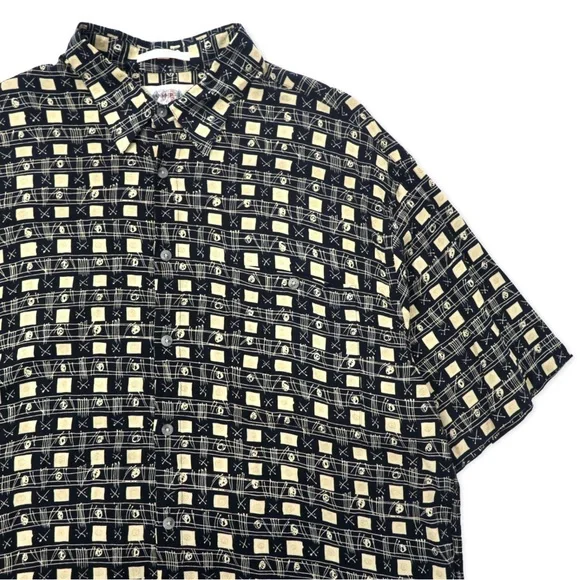 90s CAMPIA MODA Aloha Men’s Hawaiian Shirt XL Black Rayon All-over Pattern - Picture 3 of 5